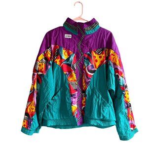 Lavon Colorful Windbreaker Jacket Purple Teal Multicolor Geometric Design Size M